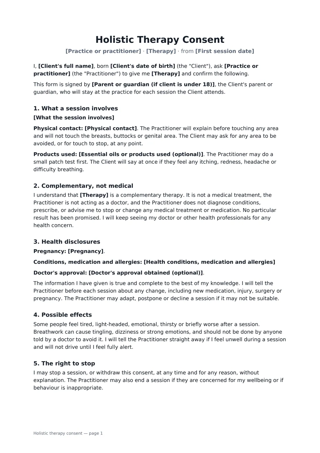 Holistic therapy consent — page 1 of 2