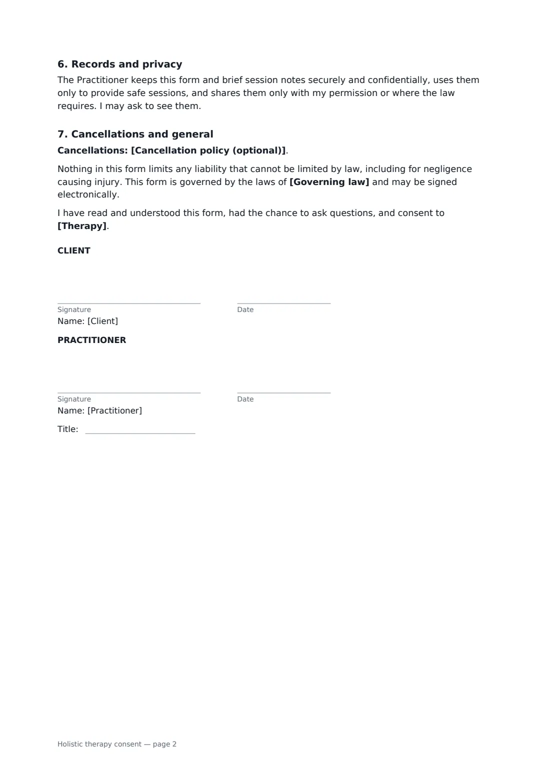 Holistic therapy consent — page 2 of 2