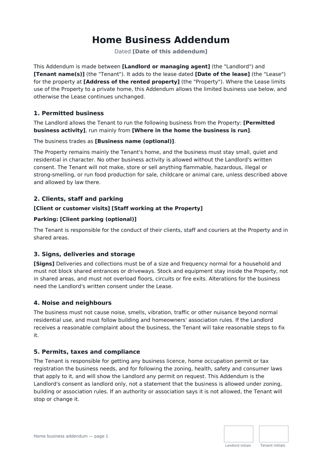 Home business addendum — page 1 of 2