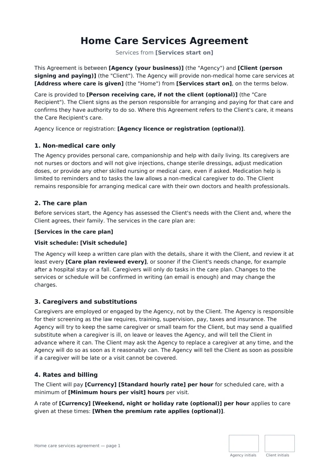 Home care services agreement — page 1 of 3