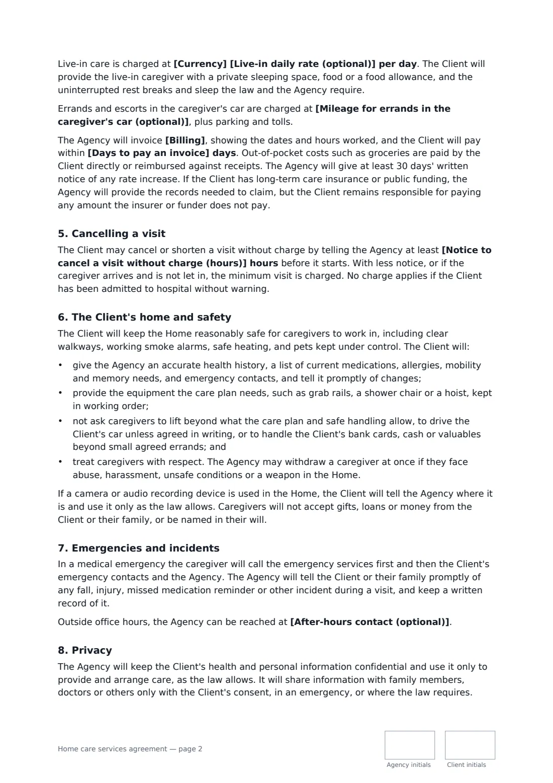 Home care services agreement — page 2 of 3