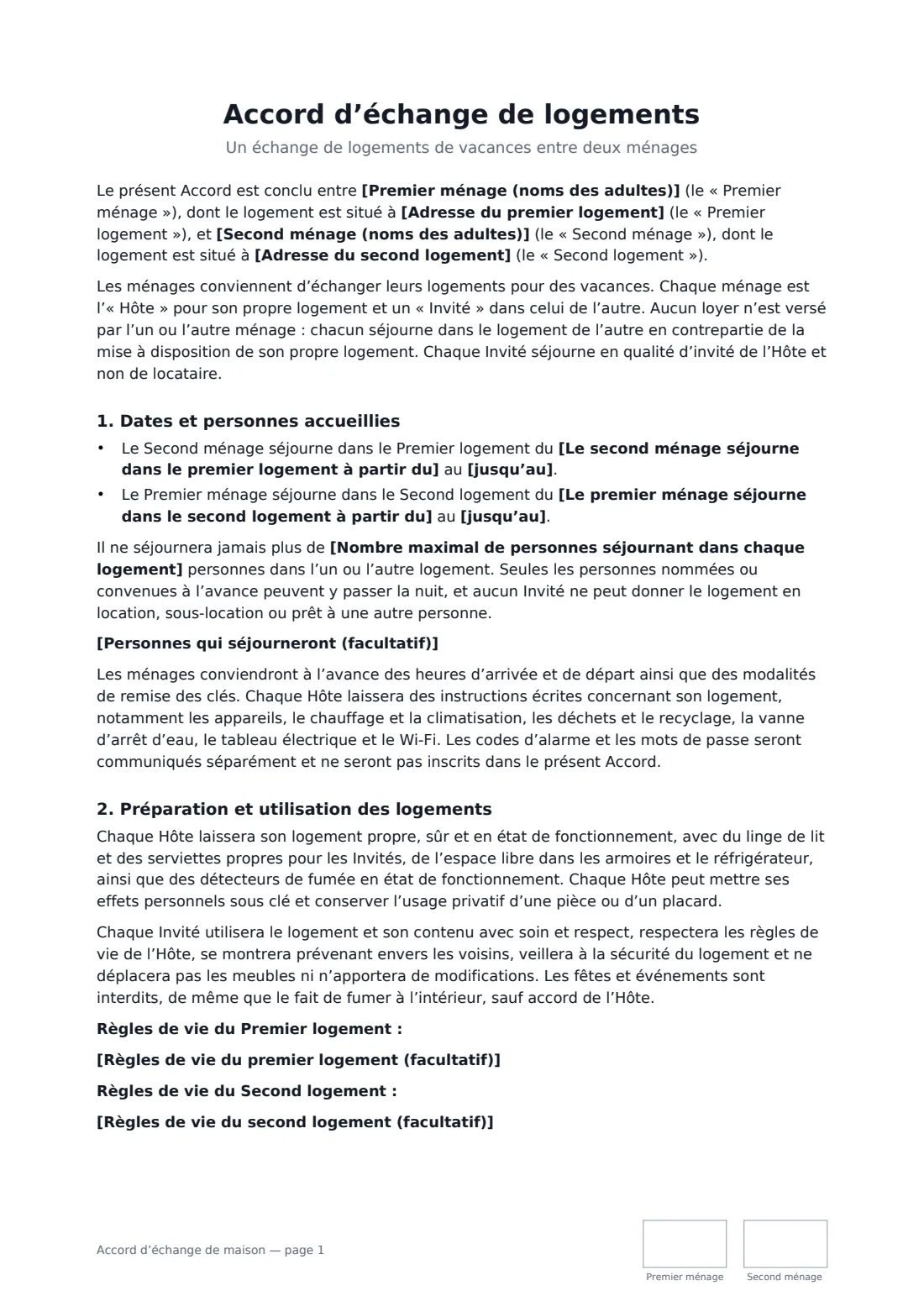 Accord d’échange de maison — page 1 sur 3