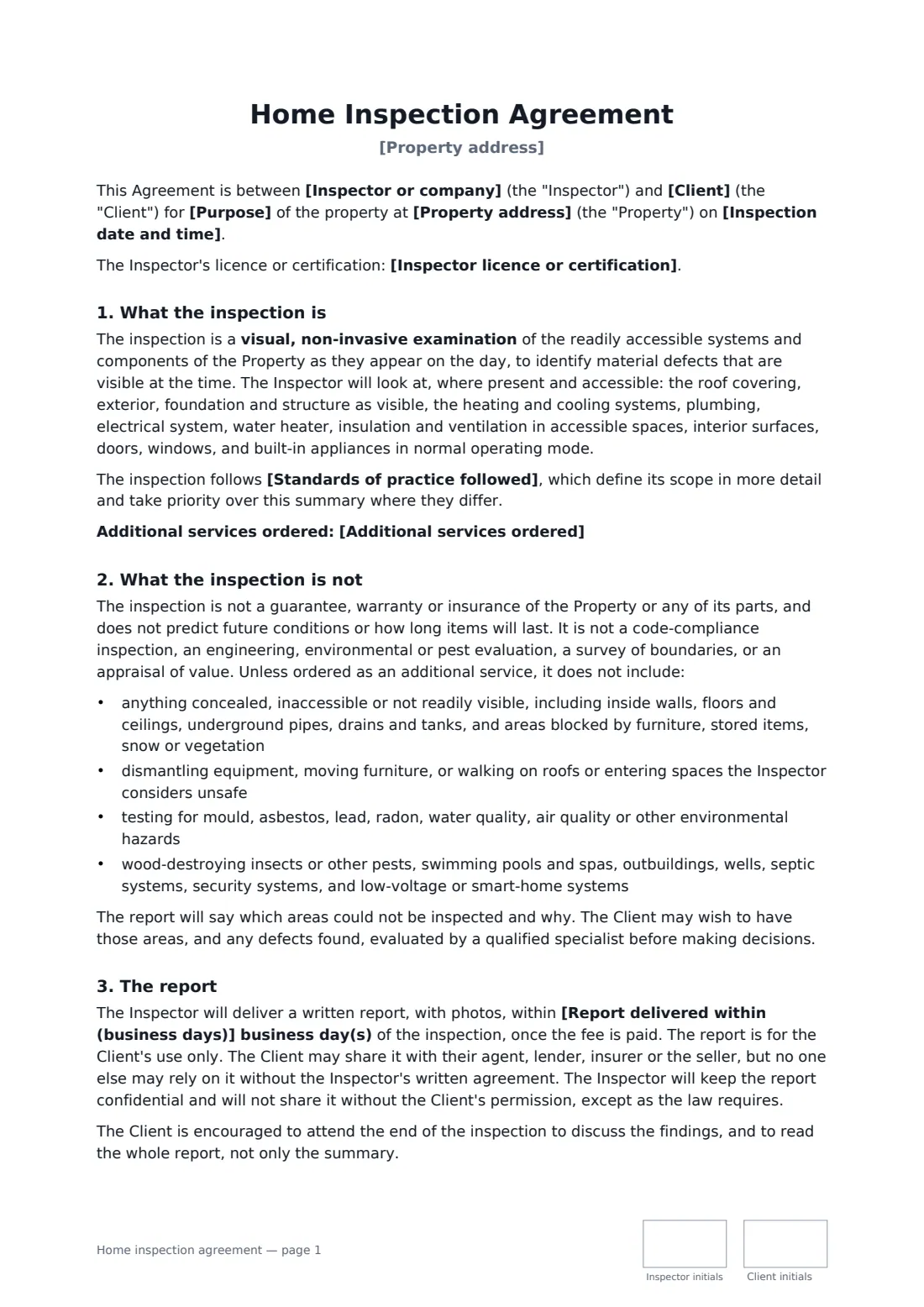 Home inspection agreement — page 1 of 2