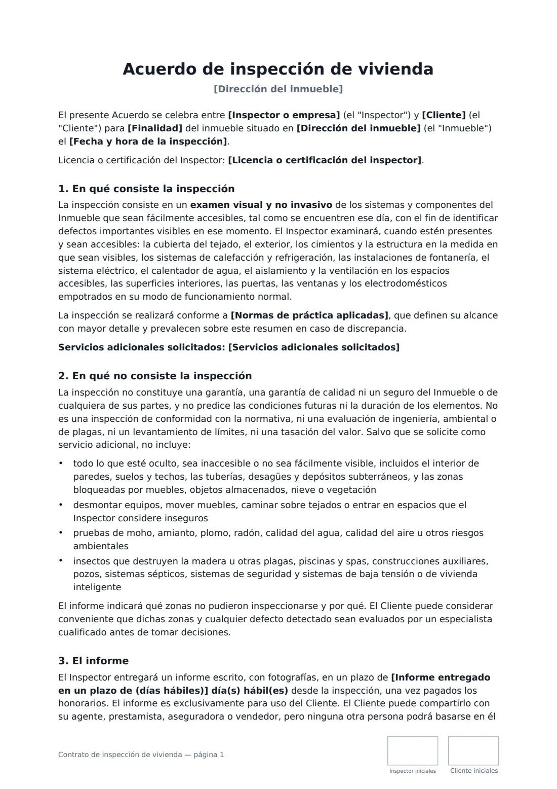 Contrato de inspección de vivienda: página 1 de 3