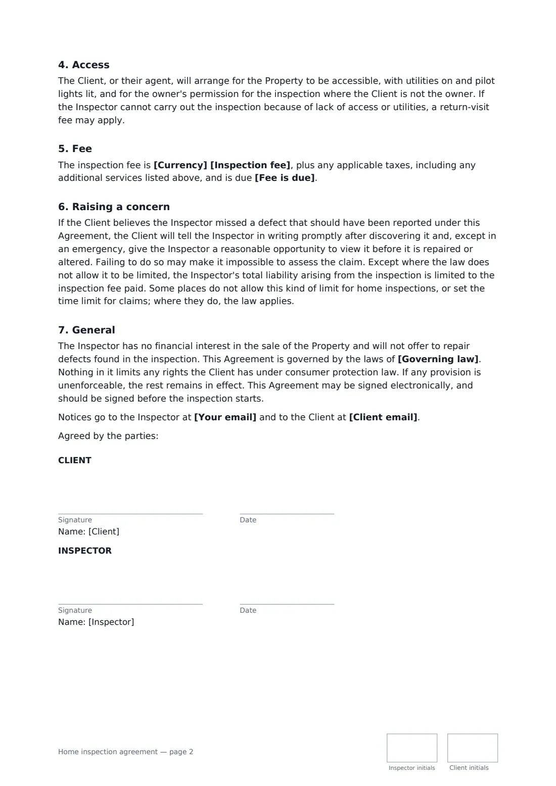 Home inspection agreement — page 2 of 2
