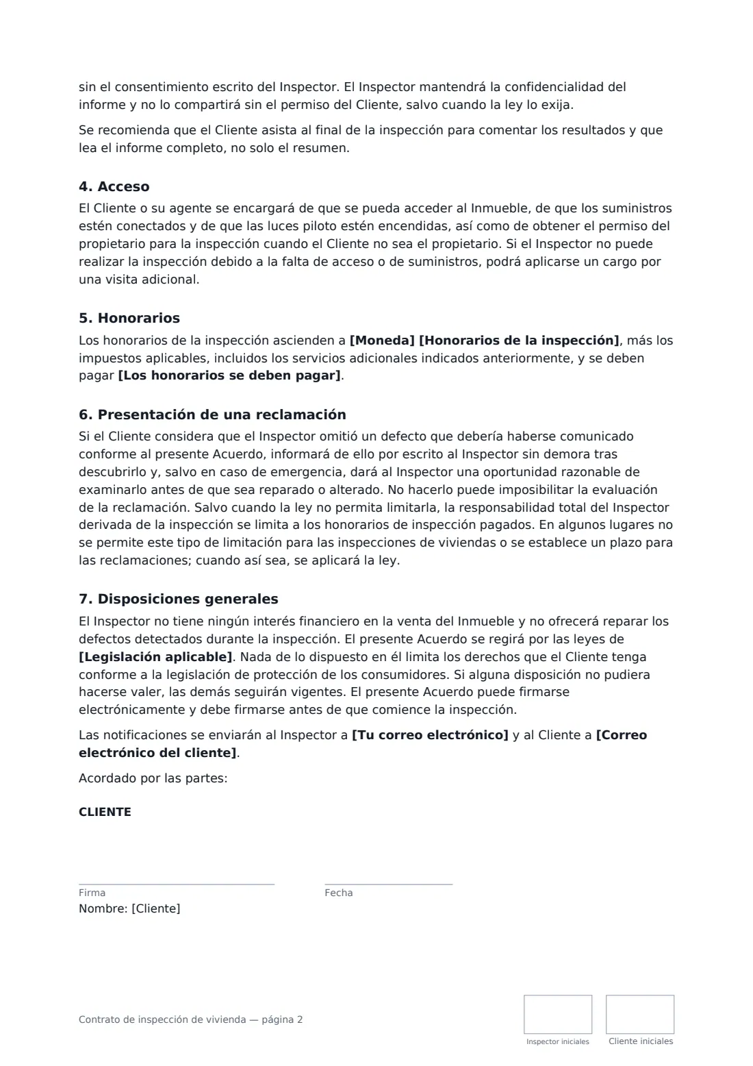 Contrato de inspección de vivienda: página 2 de 3