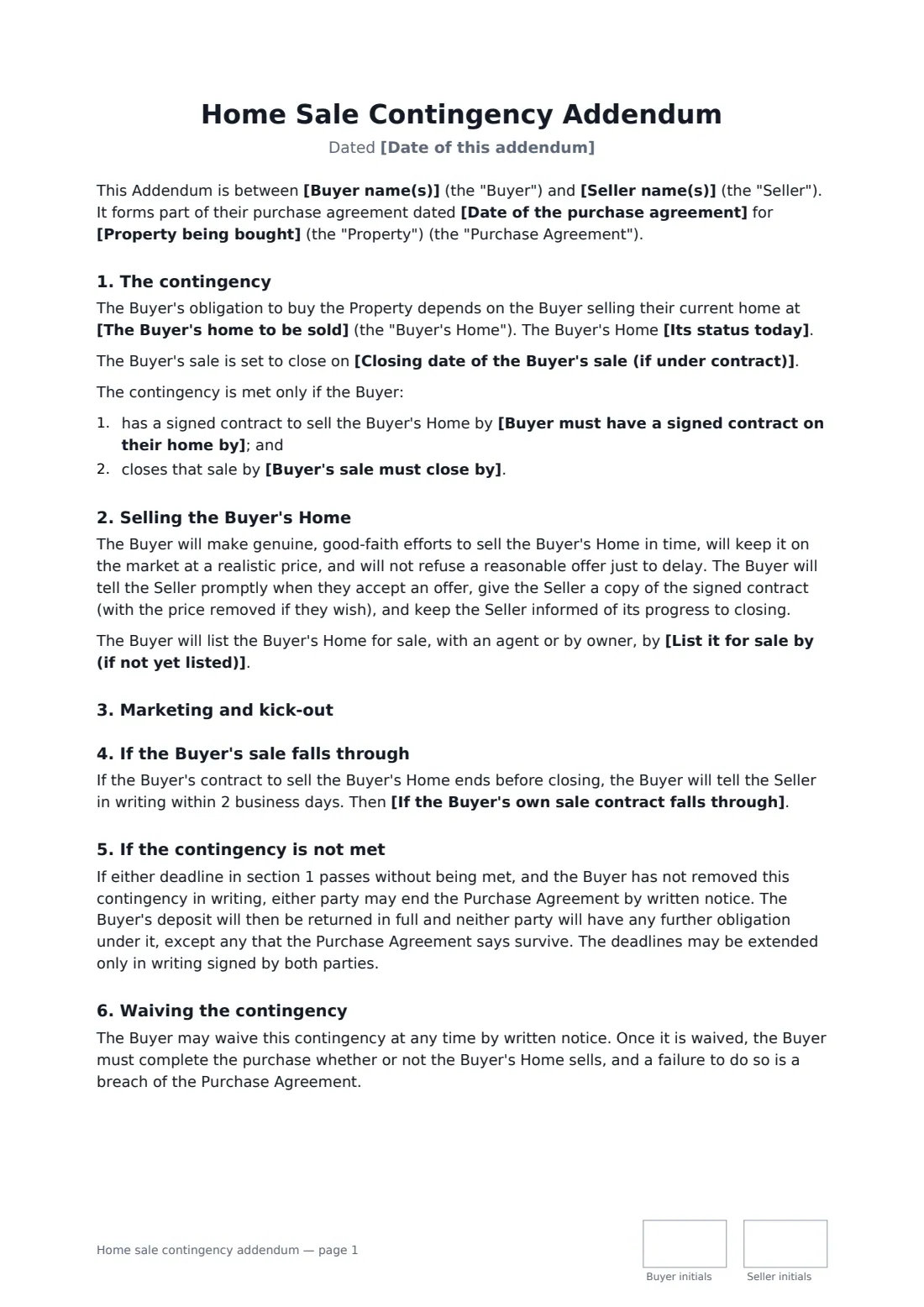Home sale contingency addendum — page 1 of 2
