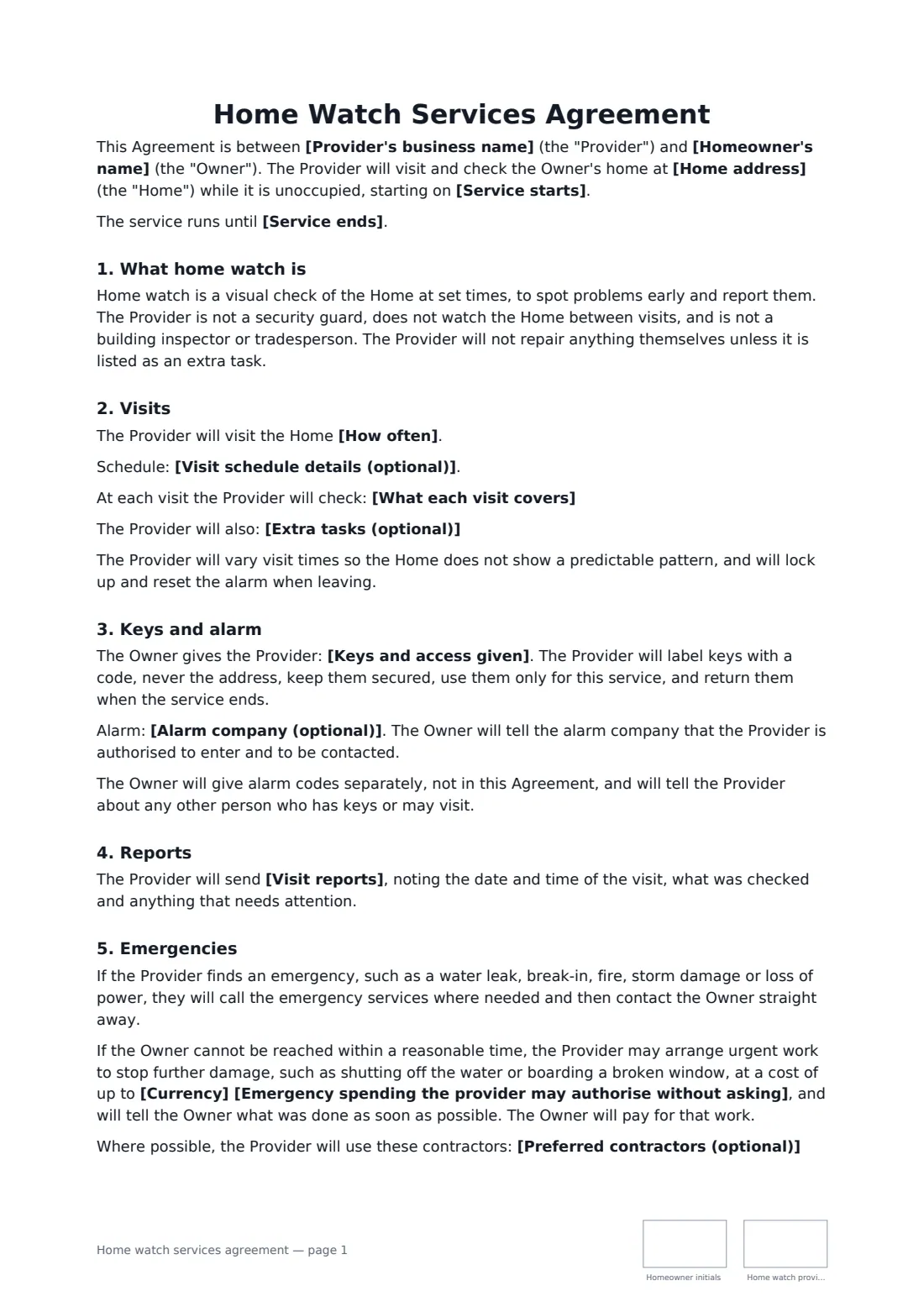 Home watch services agreement — page 1 of 2