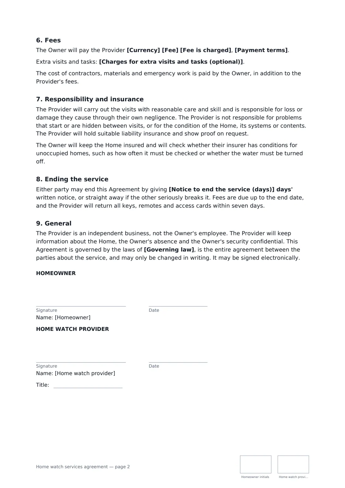 Home watch services agreement — page 2 of 2