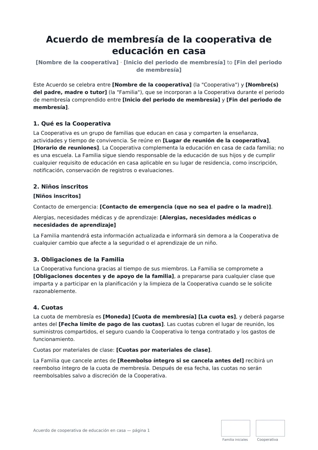 Acuerdo de cooperativa de educación en casa: página 1 de 3