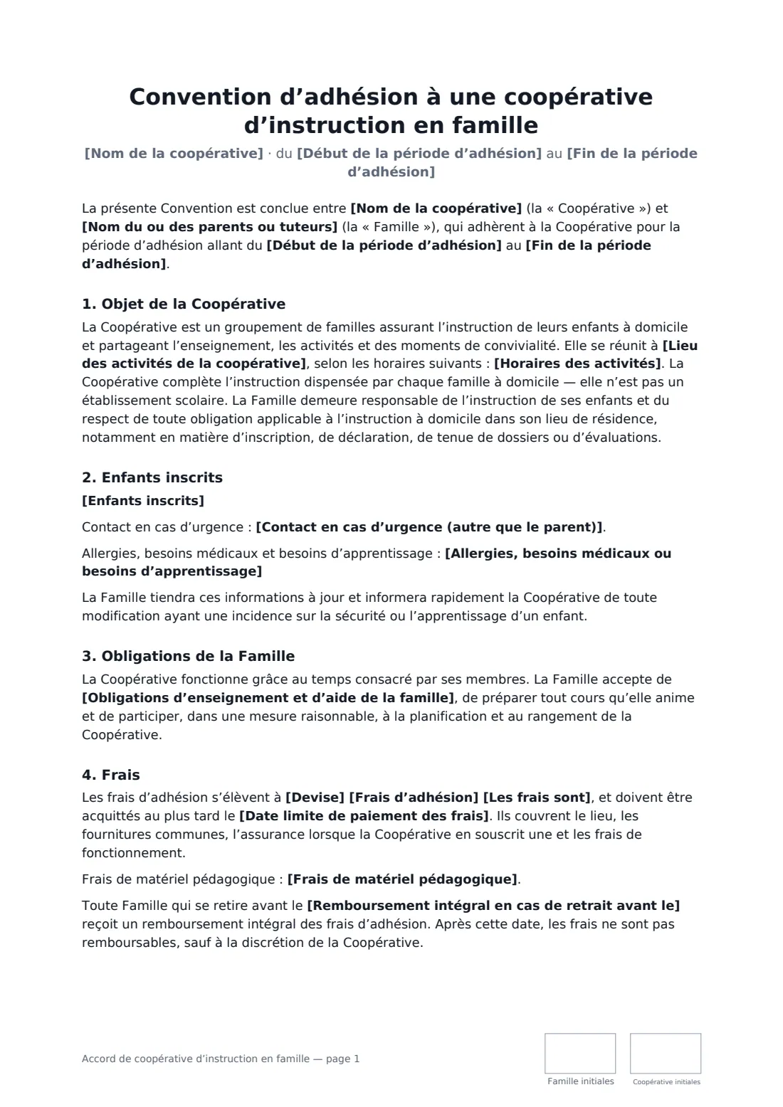 Accord de coopérative d’instruction en famille — page 1 sur 3