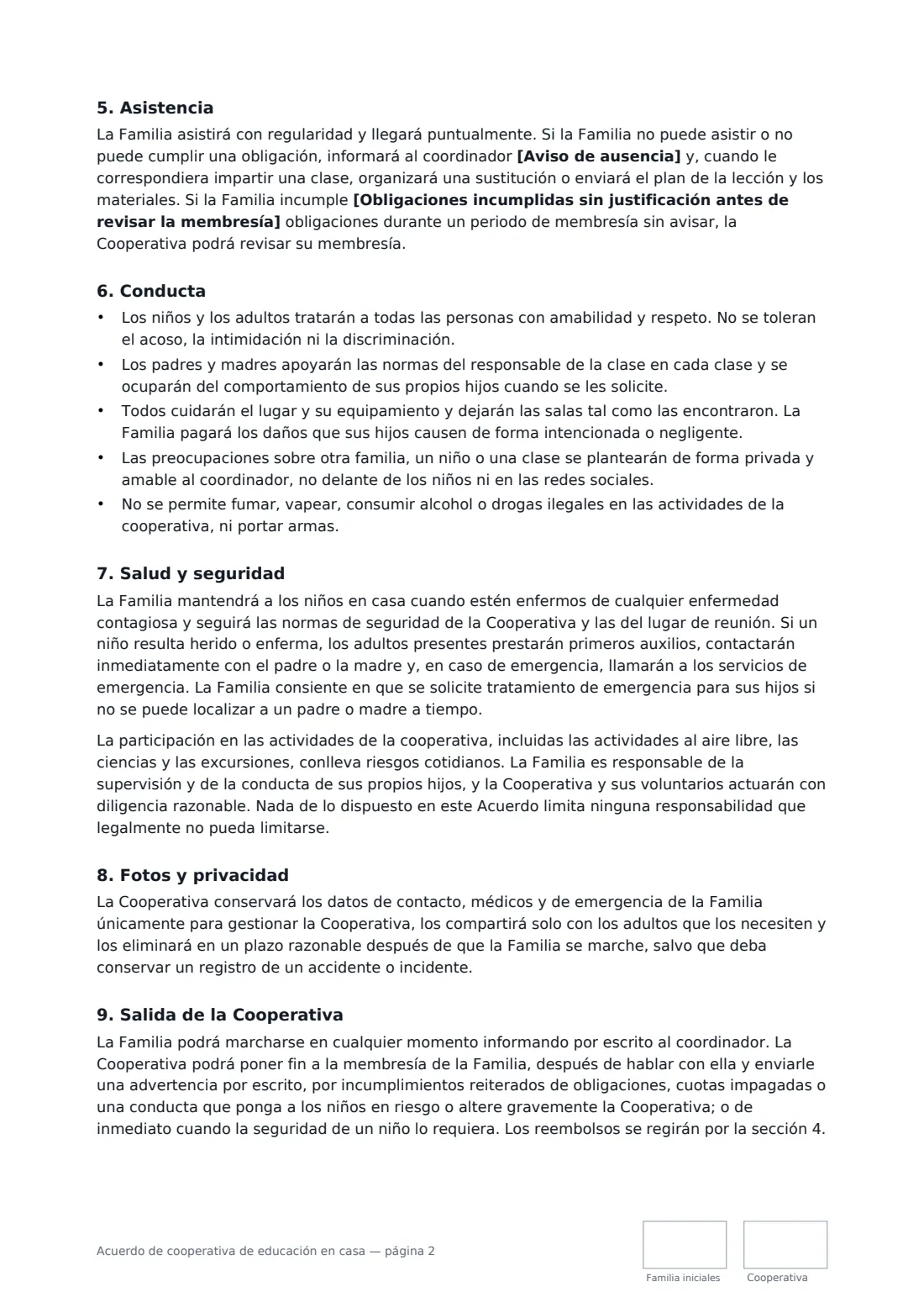 Acuerdo de cooperativa de educación en casa: página 2 de 3