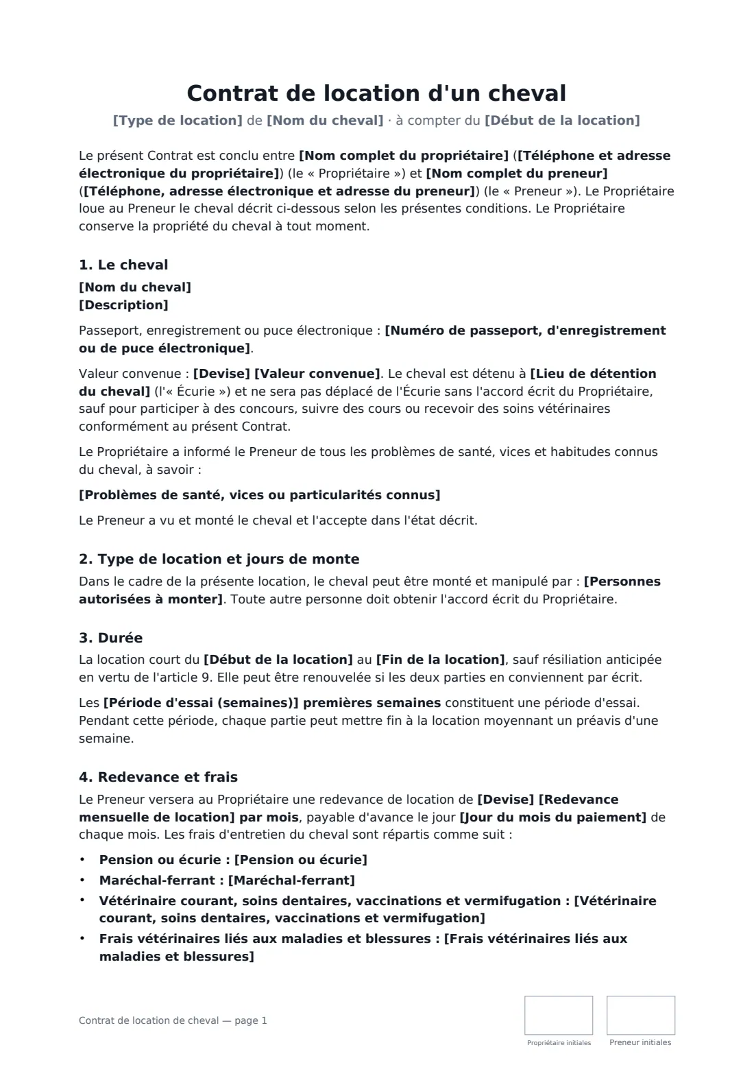 Contrat de location de cheval — page 1 sur 4