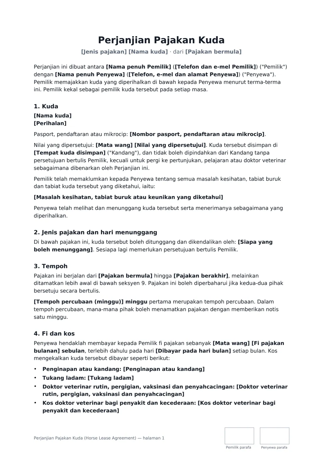 Perjanjian Pajakan Kuda (Horse Lease Agreement) — halaman 1 daripada 4