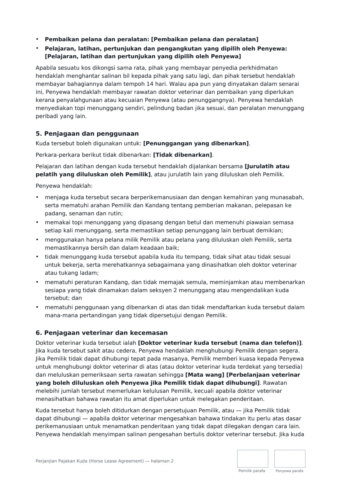 Perjanjian Pajakan Kuda (Horse Lease Agreement) — halaman 2 daripada 4
