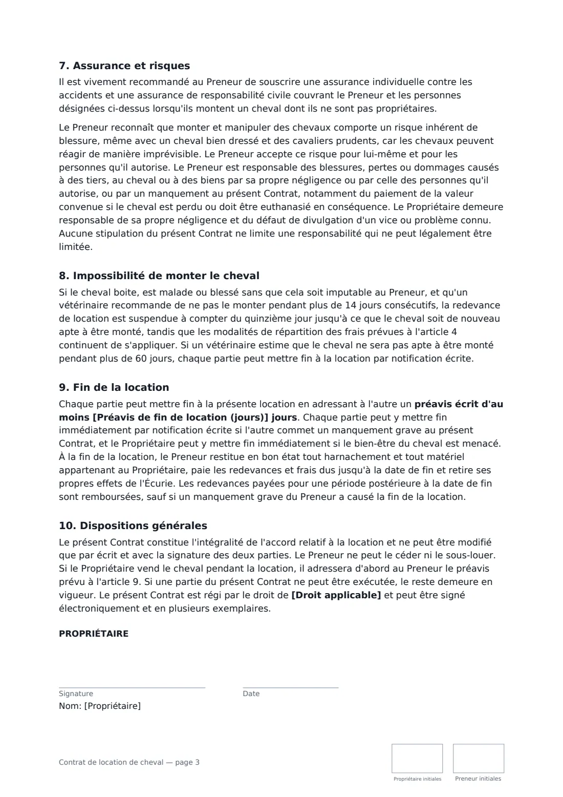 Contrat de location de cheval — page 3 sur 4