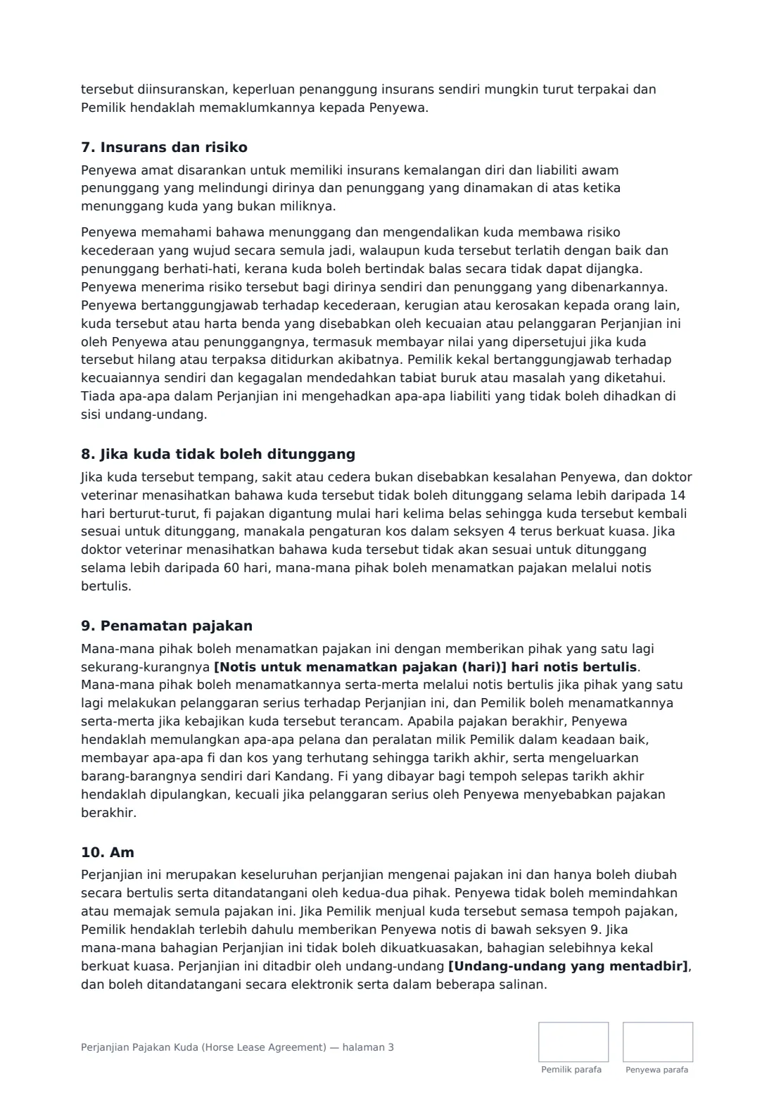 Perjanjian Pajakan Kuda (Horse Lease Agreement) — halaman 3 daripada 4