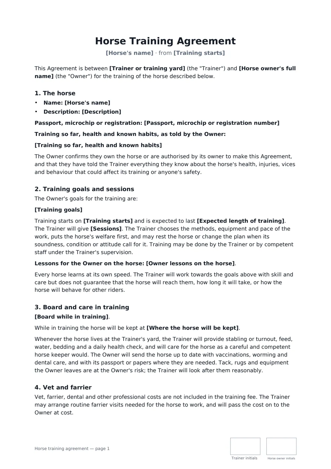 Horse training agreement — page 1 of 3