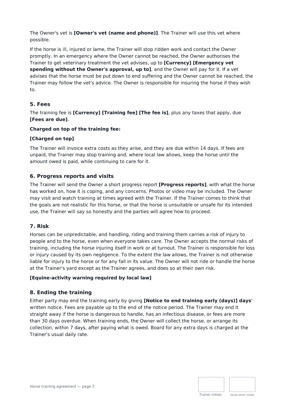 Horse training agreement — page 2 of 3