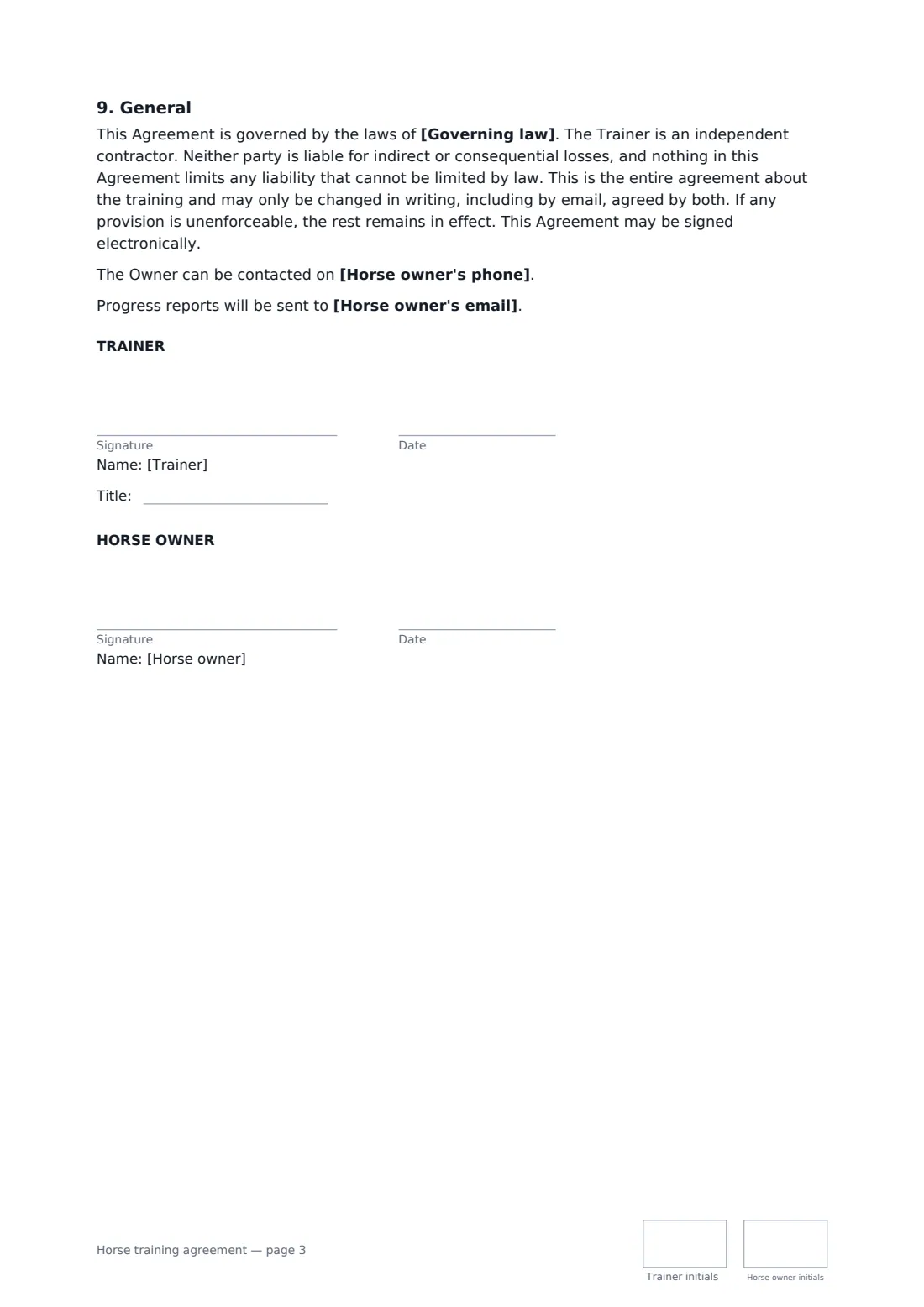 Horse training agreement — page 3 of 3