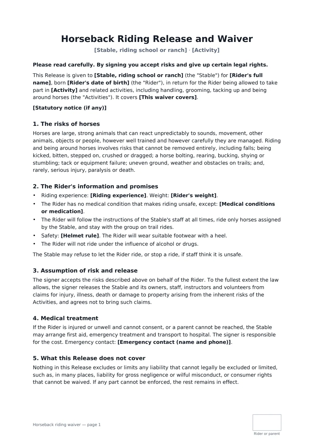 Horseback riding waiver — page 1 of 2