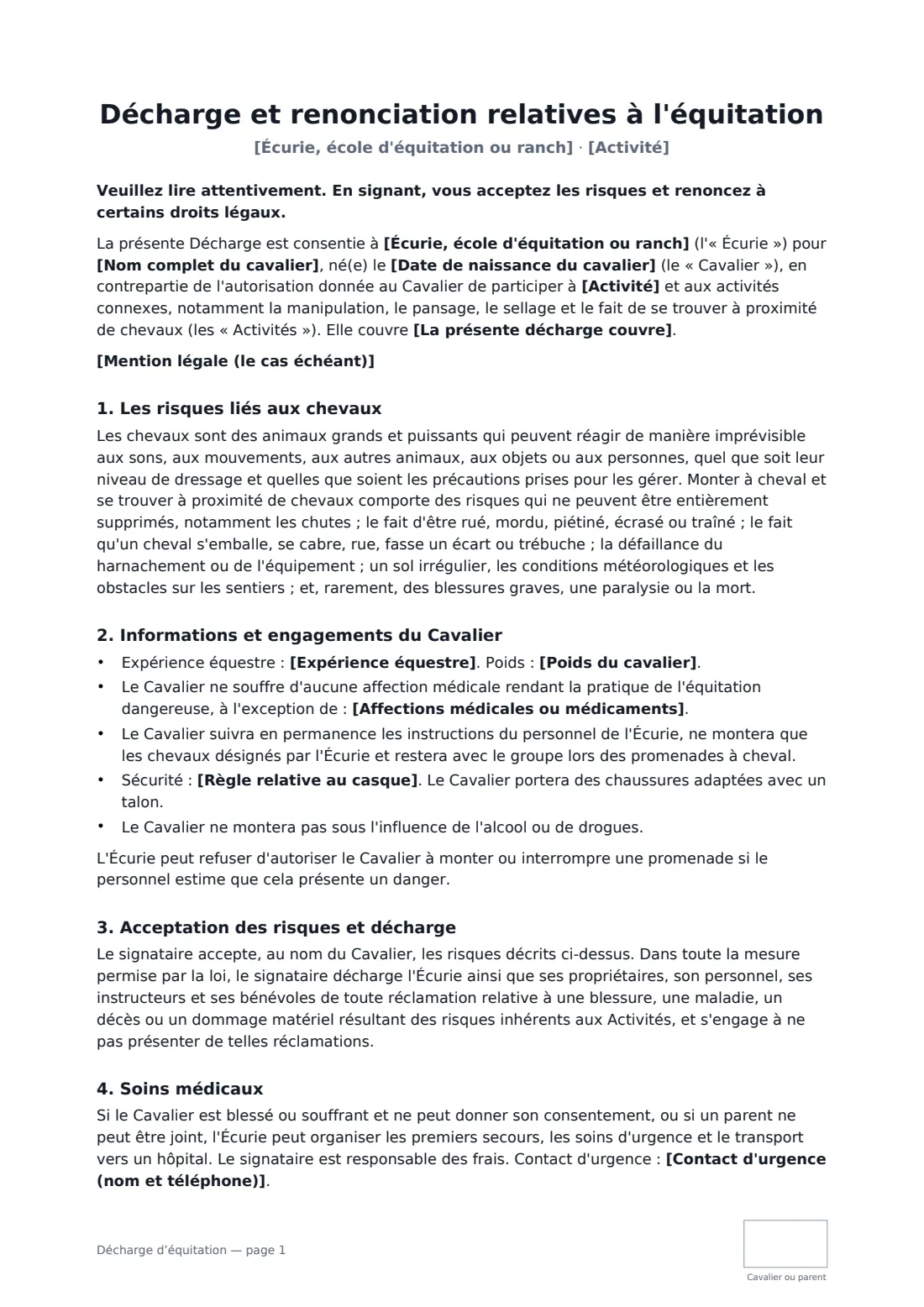 Décharge d’équitation — page 1 sur 2