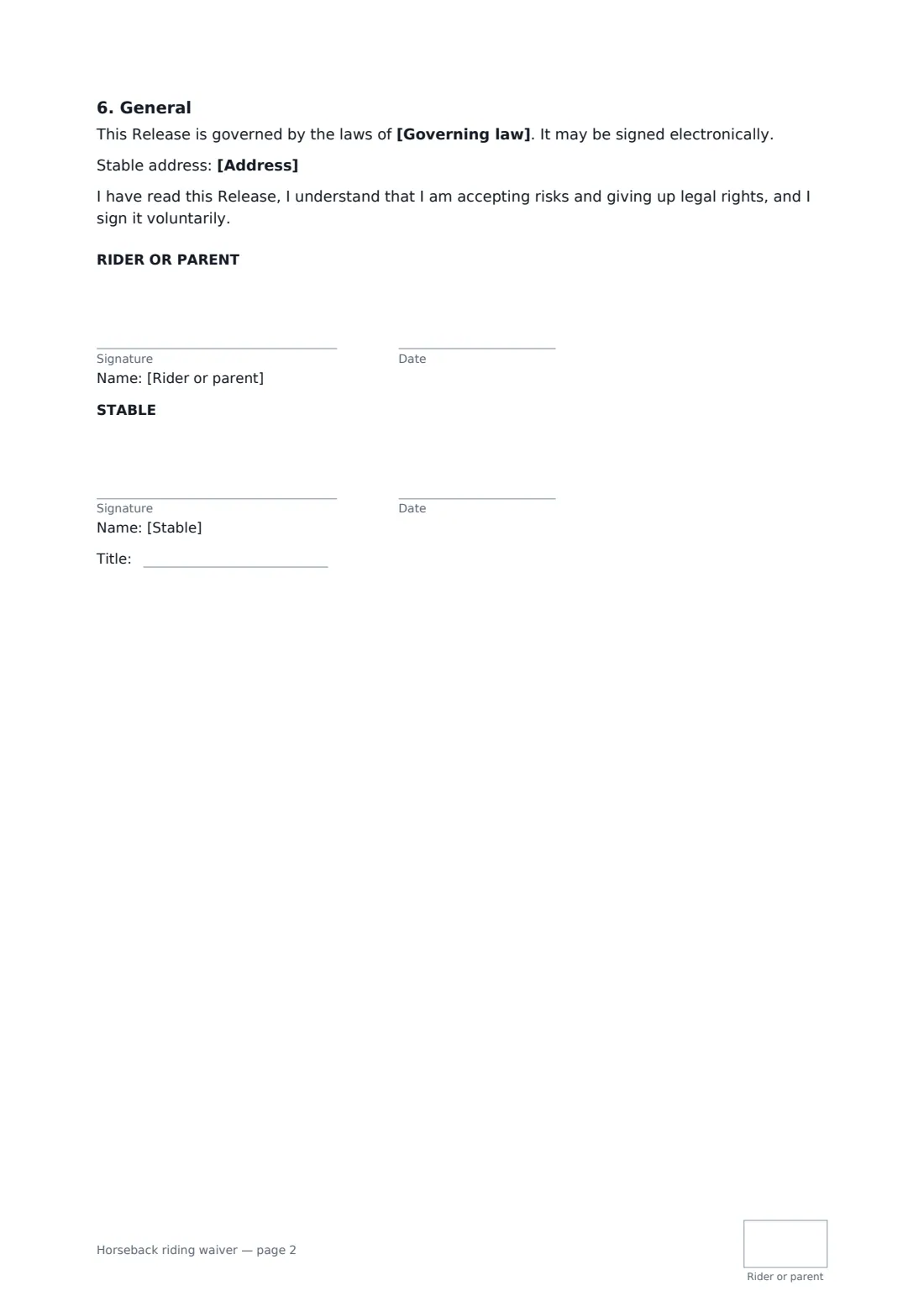 Horseback riding waiver — page 2 of 2