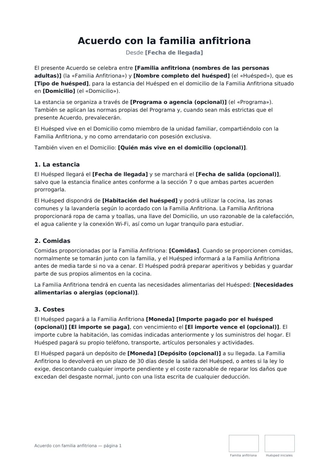 Acuerdo con familia anfitriona: página 1 de 3