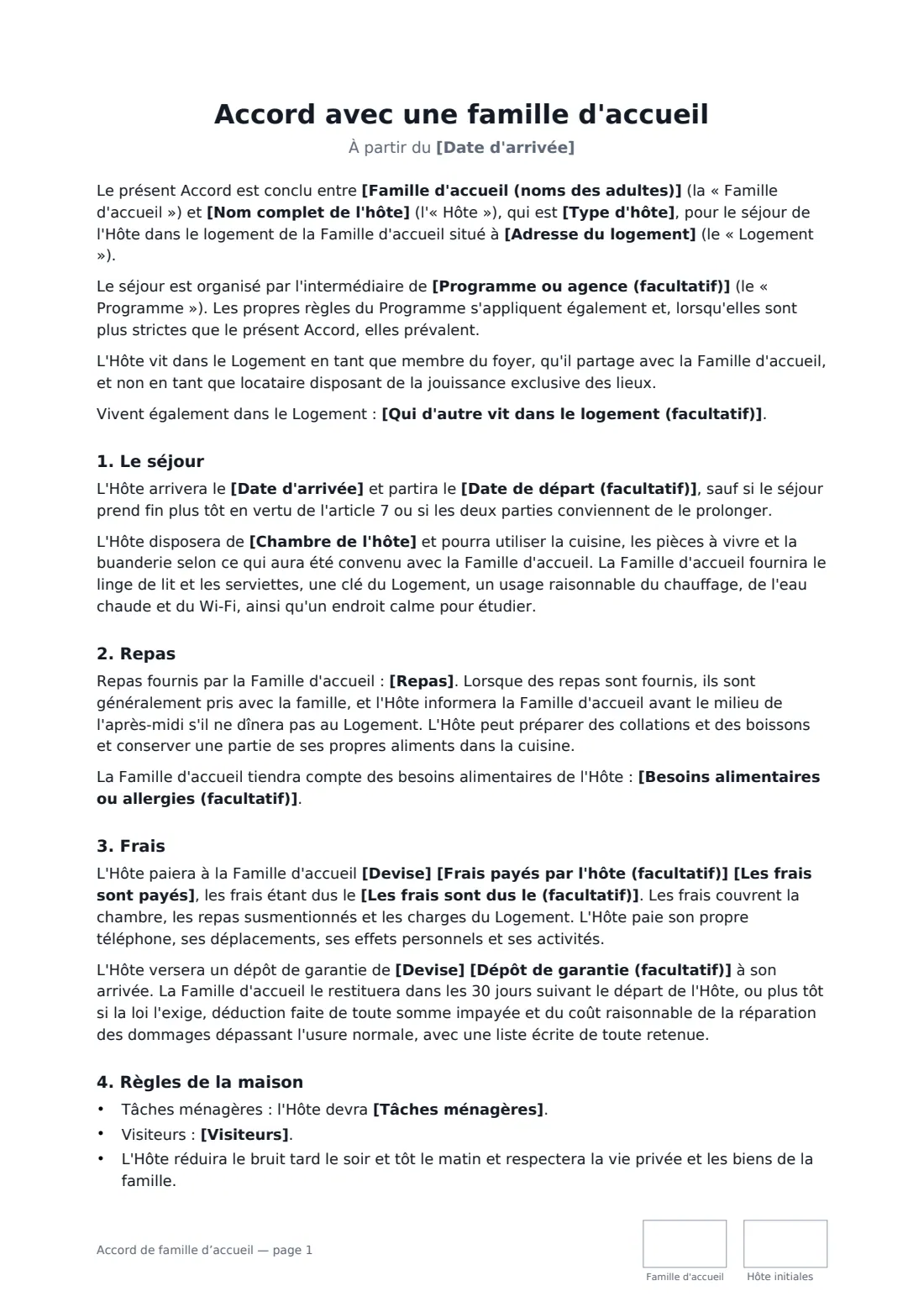 Accord de famille d’accueil — page 1 sur 3