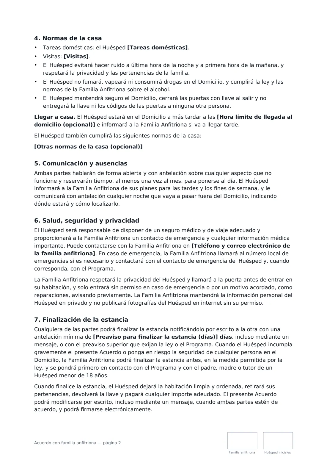 Acuerdo con familia anfitriona: página 2 de 3