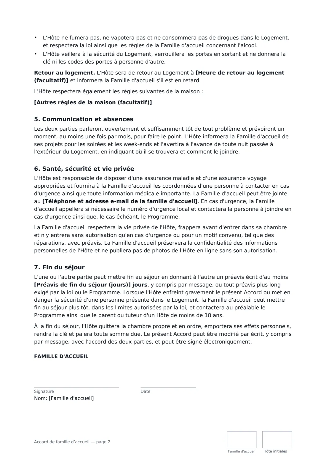 Accord de famille d’accueil — page 2 sur 3