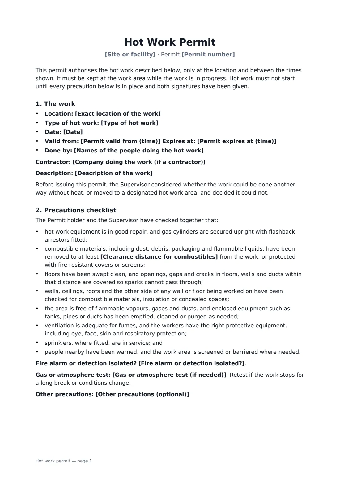 Hot work permit — page 1 of 2