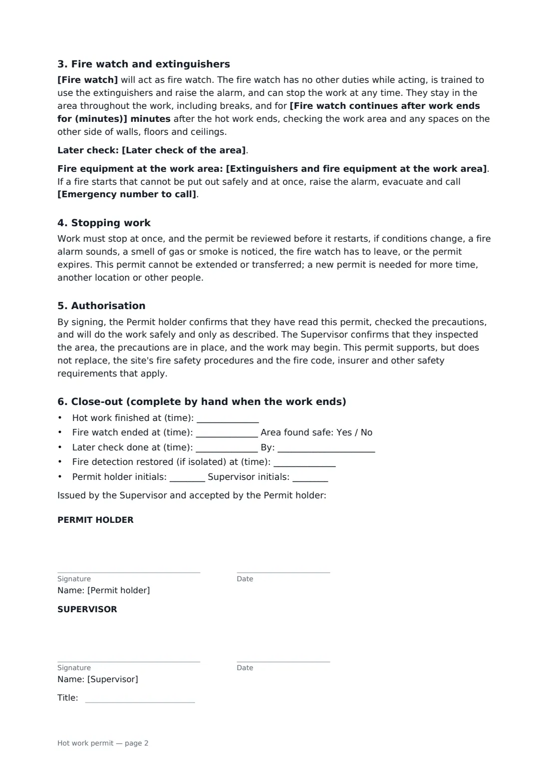 Hot work permit — page 2 of 2