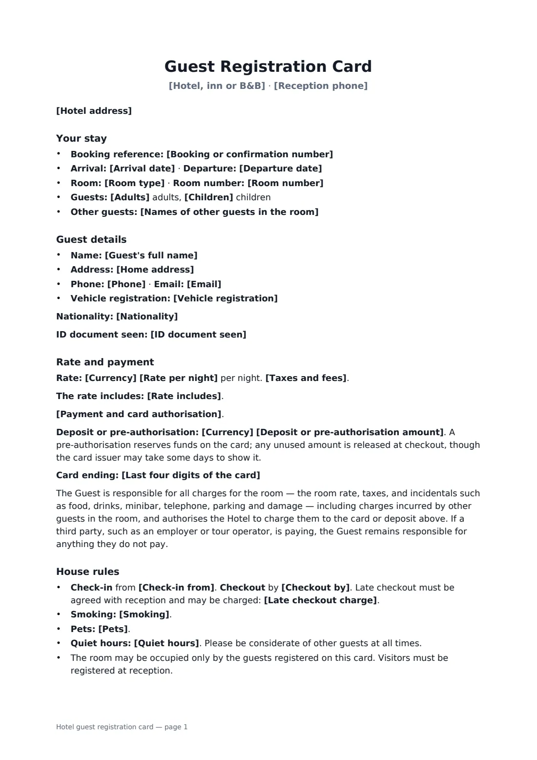 Hotel guest registration card — page 1 of 2