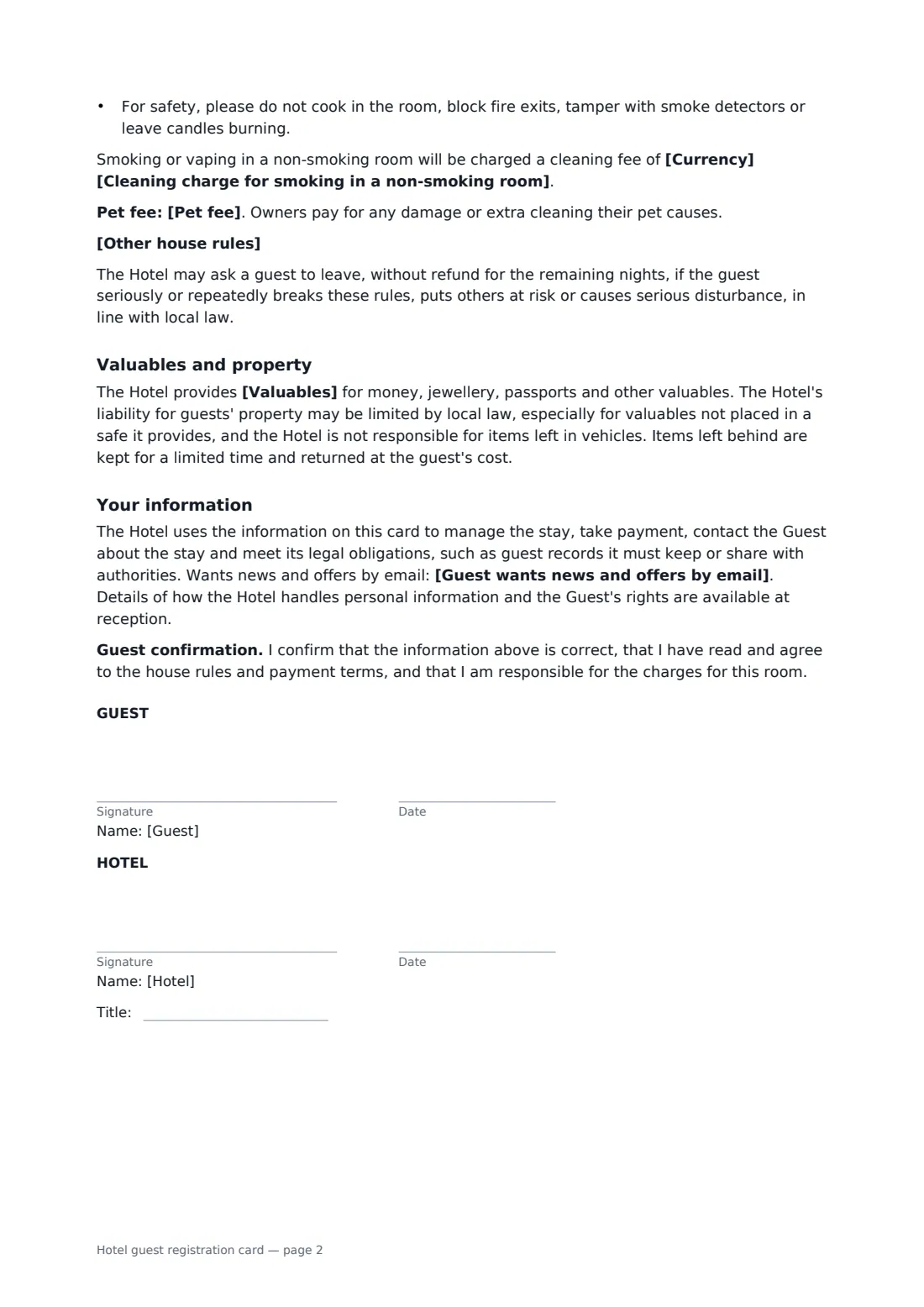 Hotel guest registration card — page 2 of 2