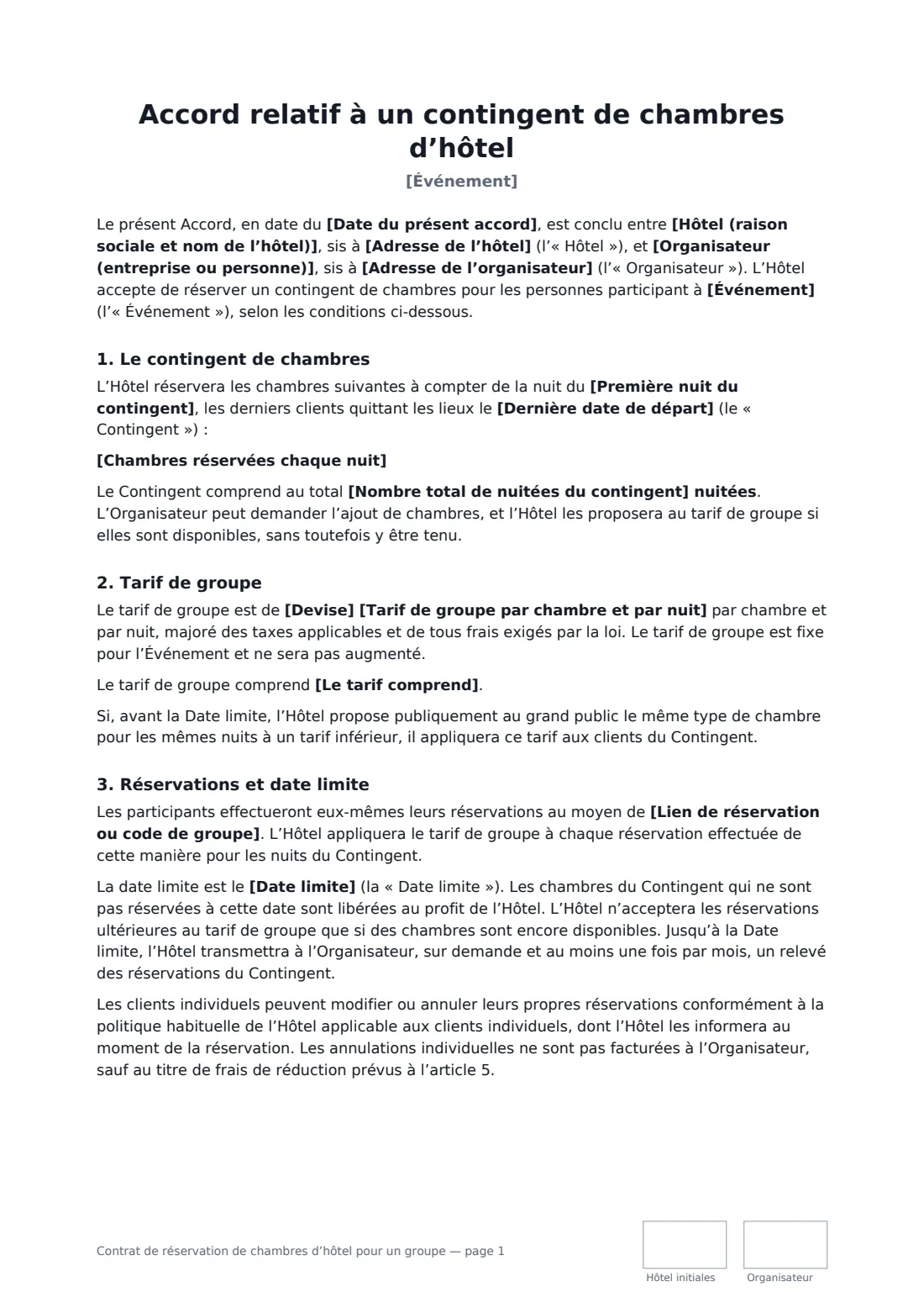 Contrat de réservation de chambres d’hôtel pour un groupe — page 1 sur 3