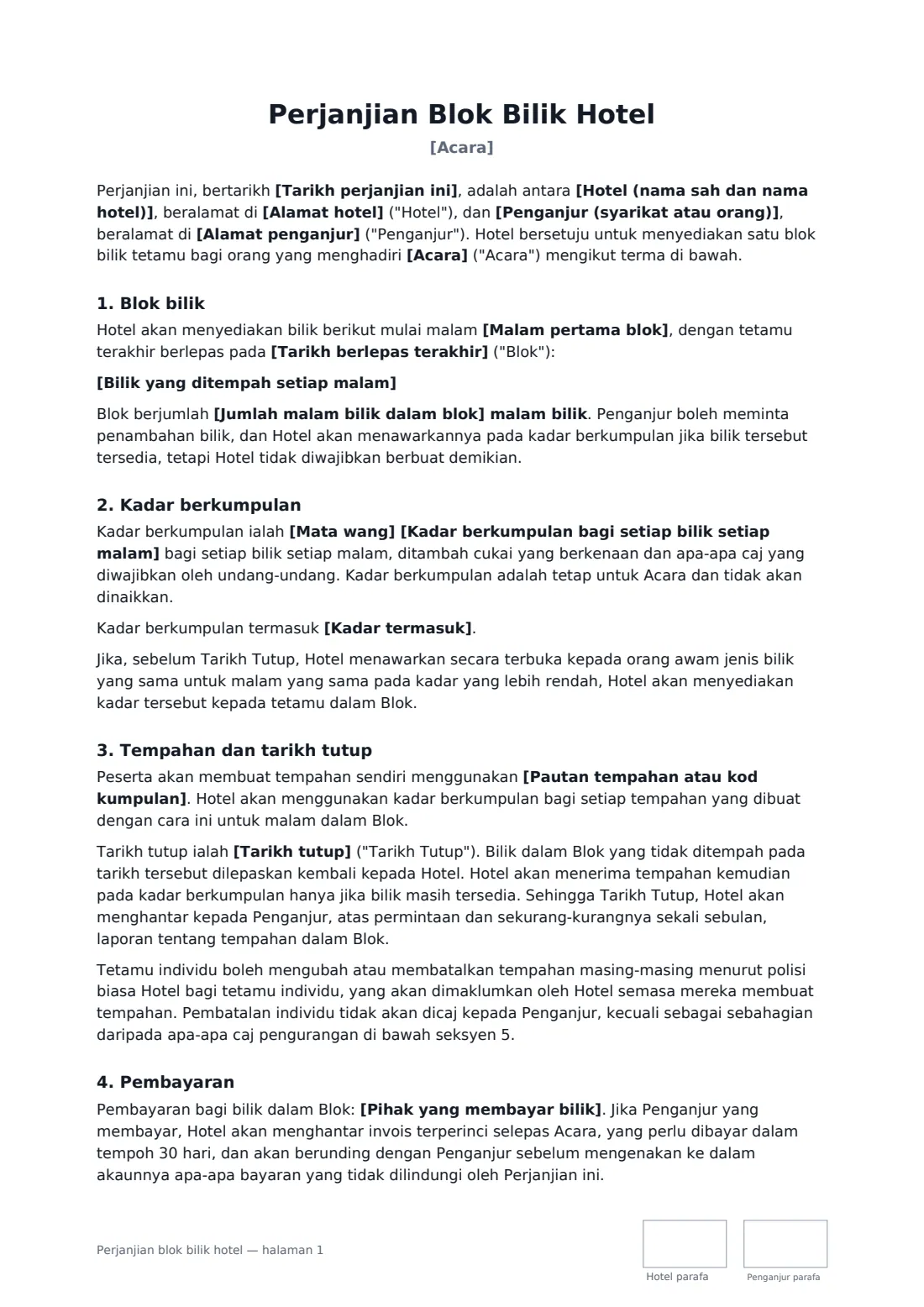 Perjanjian blok bilik hotel — halaman 1 daripada 3