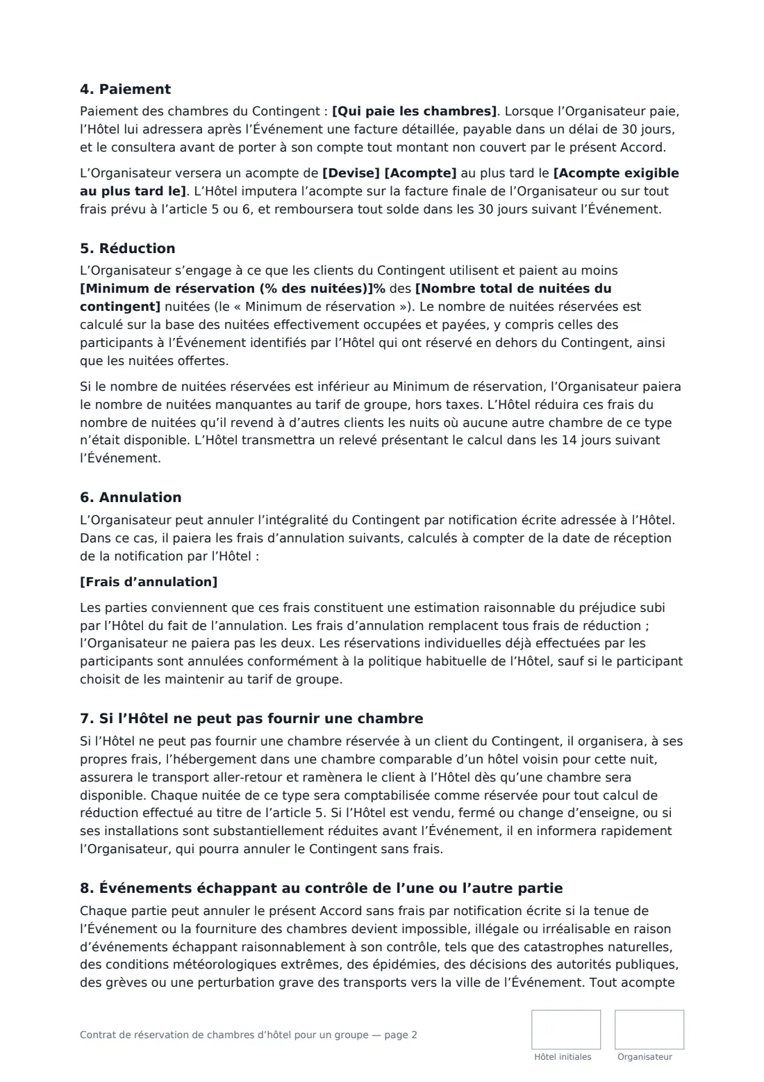 Contrat de réservation de chambres d’hôtel pour un groupe — page 2 sur 3