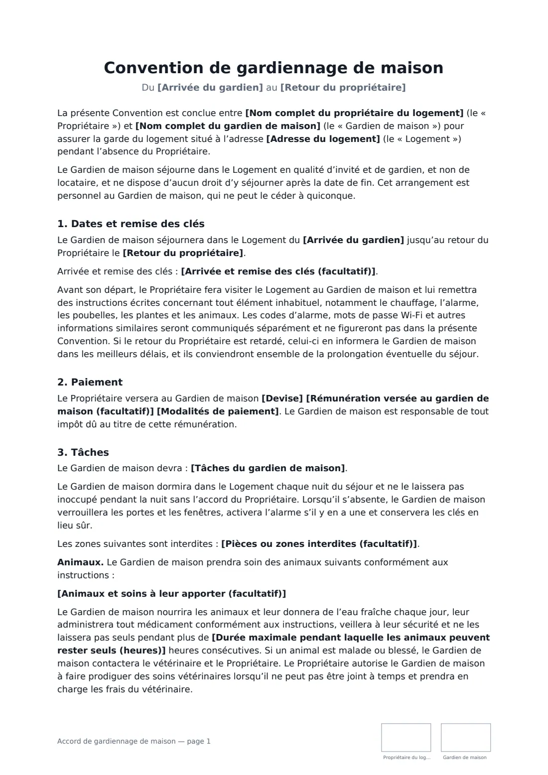 Accord de gardiennage de maison — page 1 sur 3