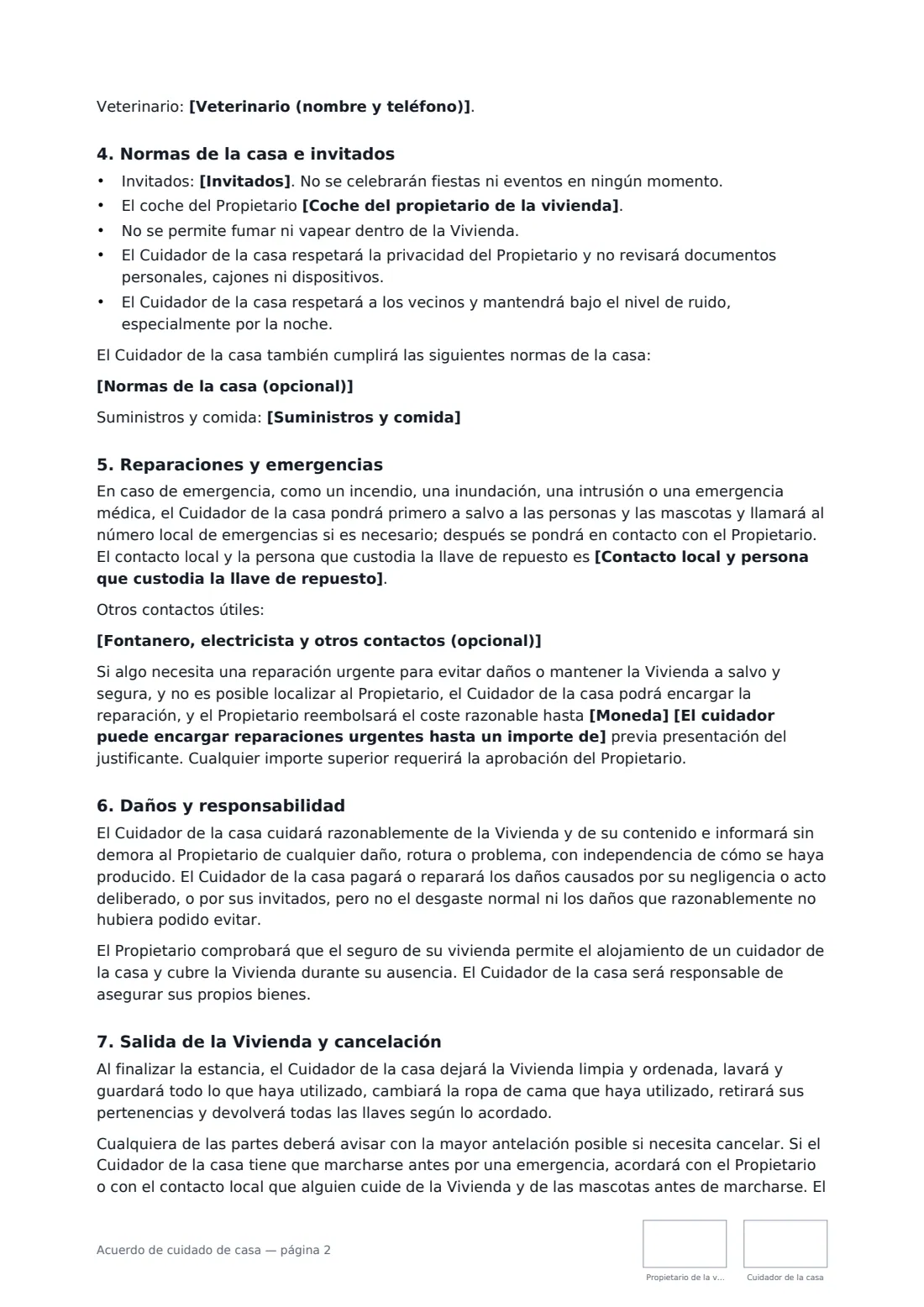 Acuerdo de cuidado de casa: página 2 de 3
