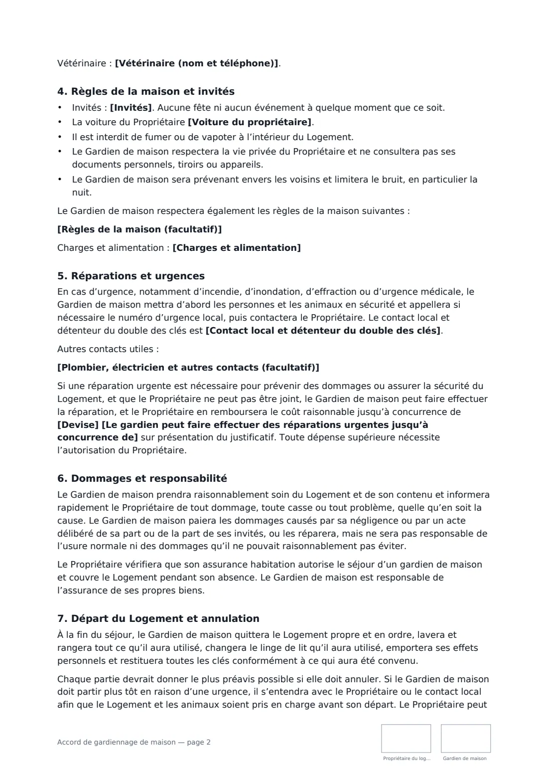 Accord de gardiennage de maison — page 2 sur 3