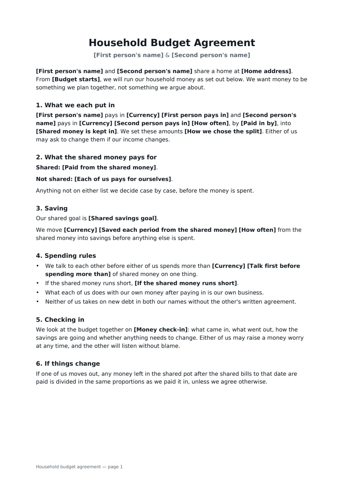 Household budget agreement — page 1 of 2