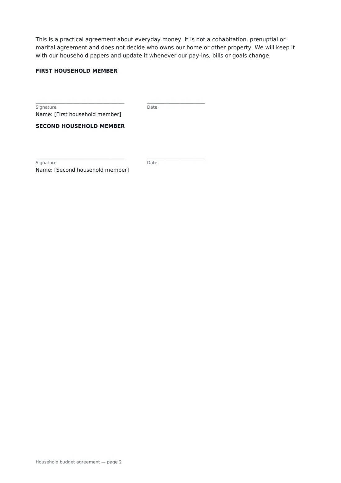 Household budget agreement — page 2 of 2