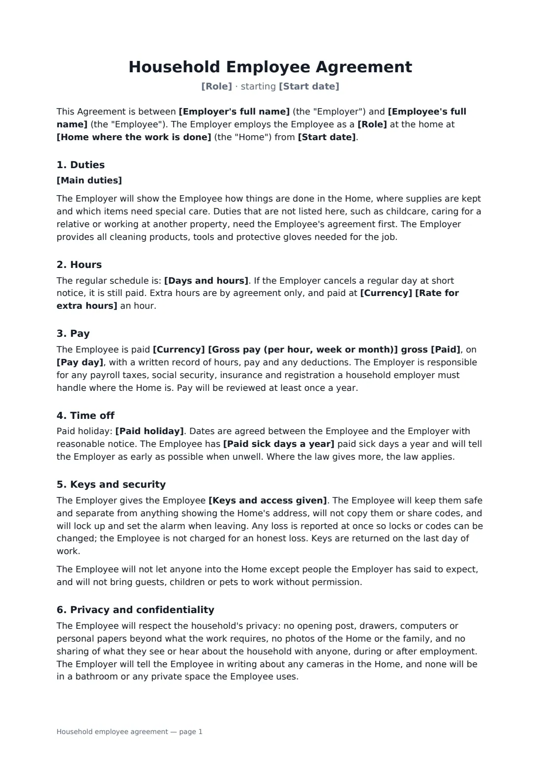 Household employee agreement — page 1 of 2