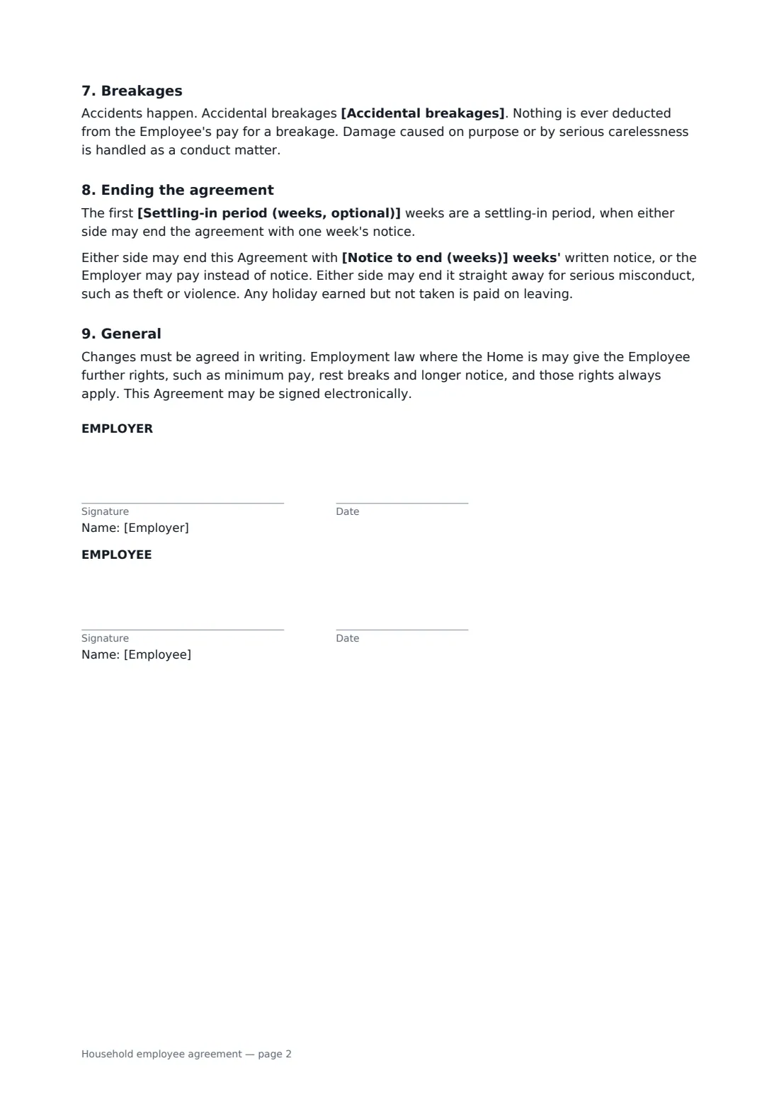 Household employee agreement — page 2 of 2