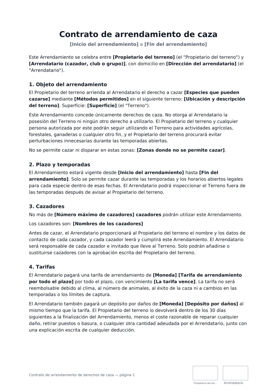 Contrato de arrendamiento de derechos de caza: página 1 de 3