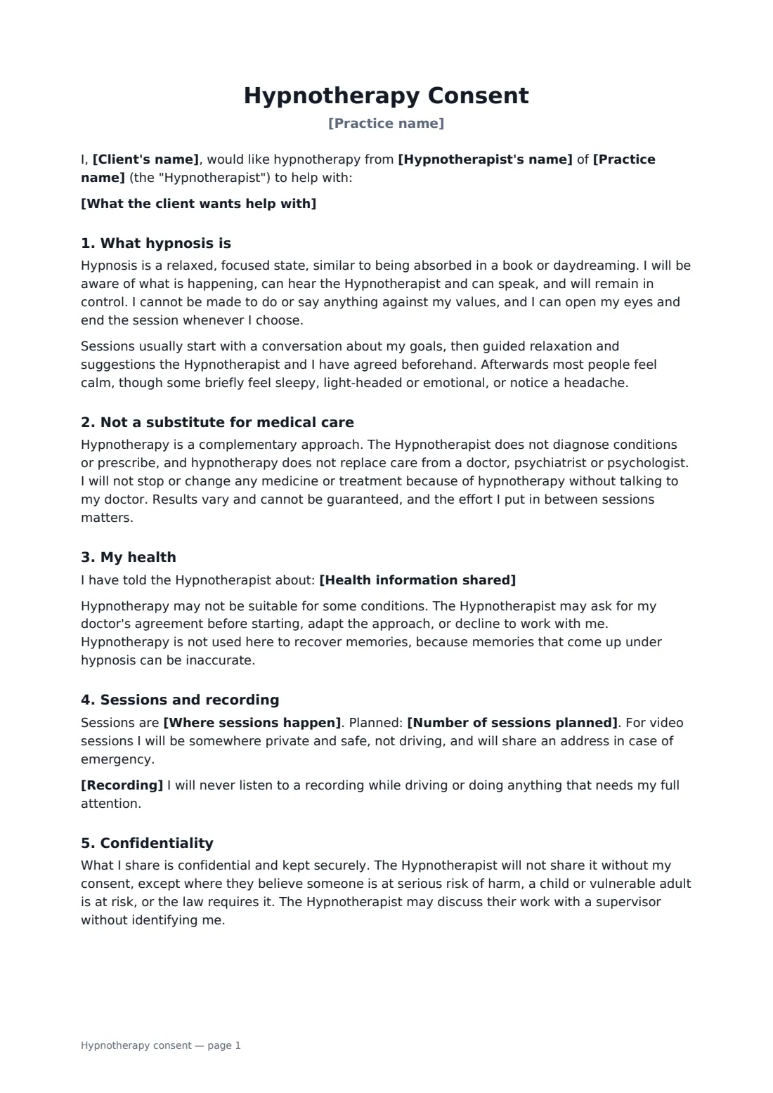 Hypnotherapy consent — page 1 of 2