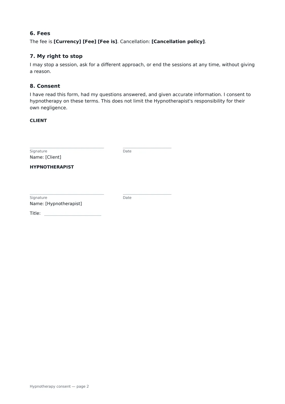 Hypnotherapy consent — page 2 of 2