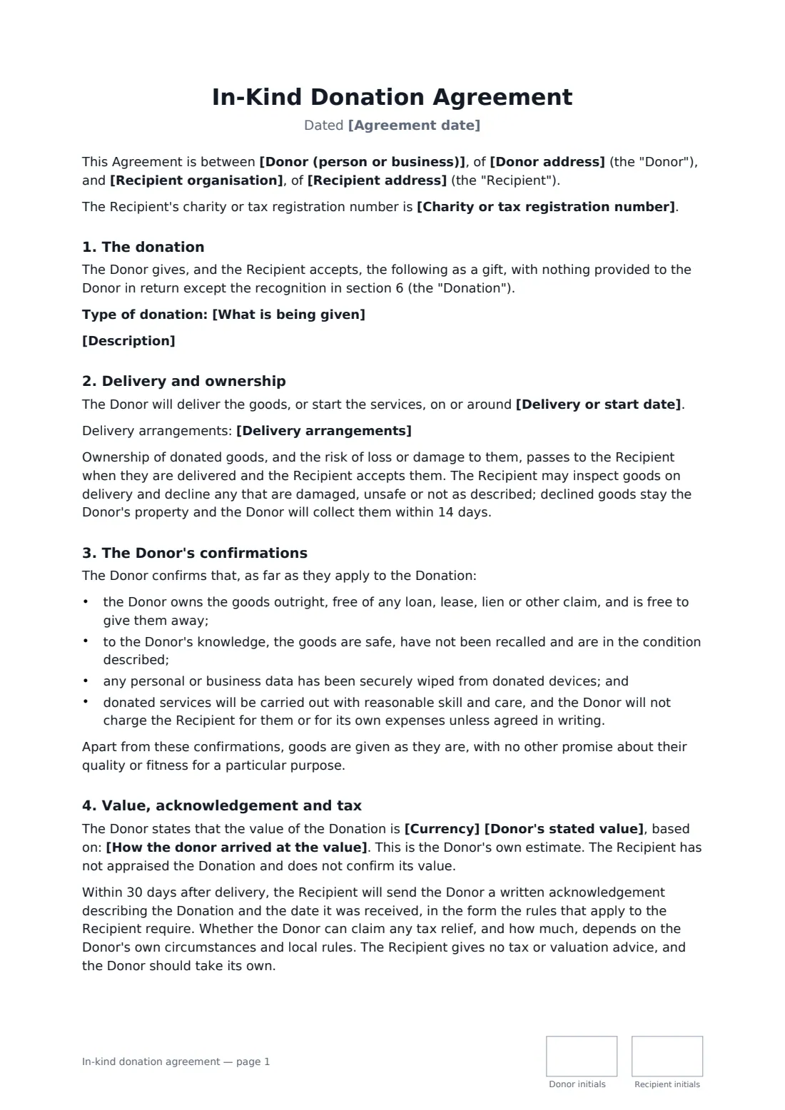In-kind donation agreement — page 1 of 2