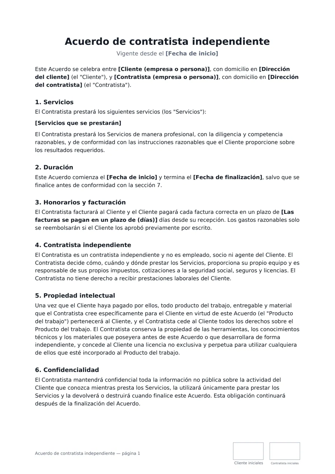 Acuerdo de contratista independiente: página 1 de 2